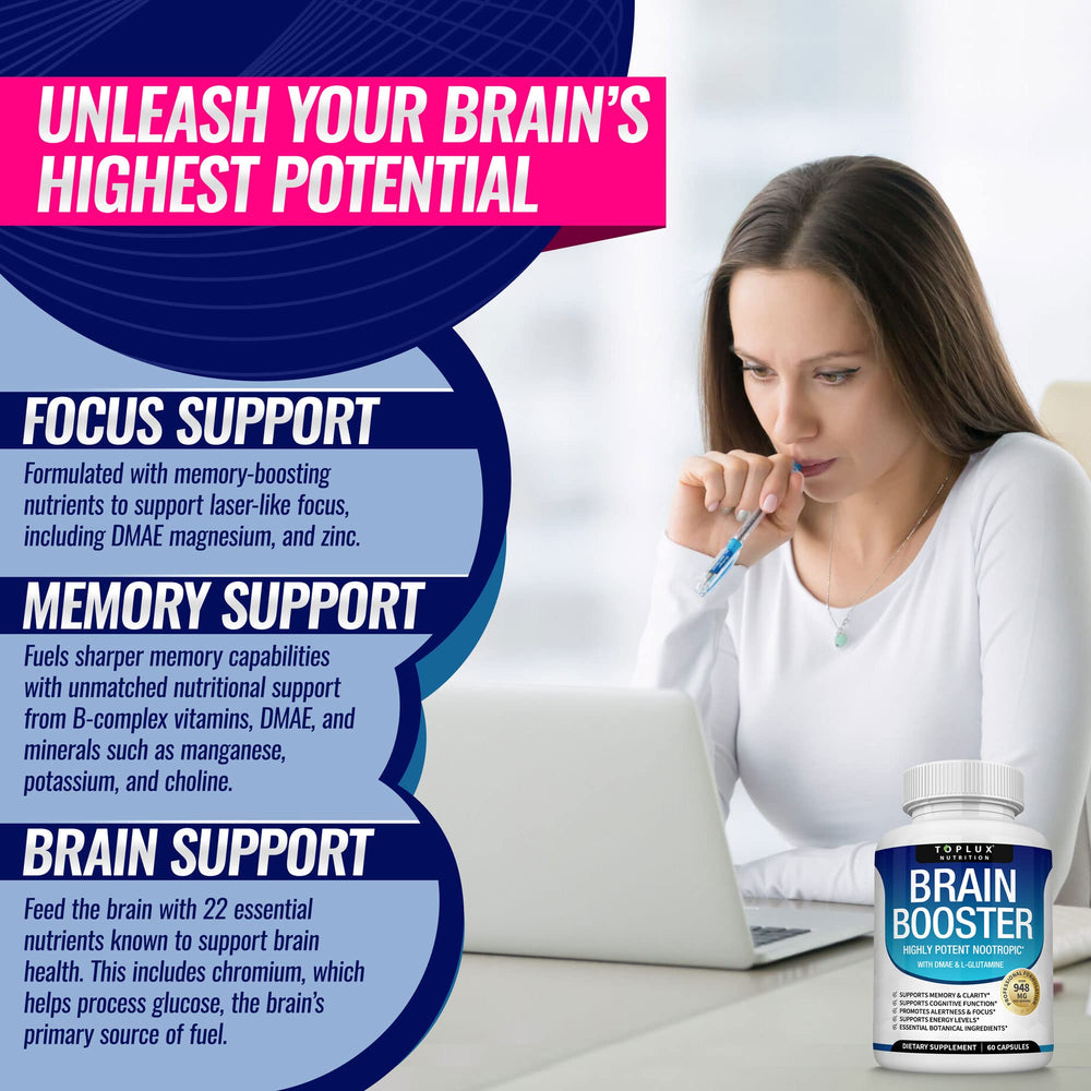 Toplux DMAE-Bacopa capsules highlight targeted focus and alertness.