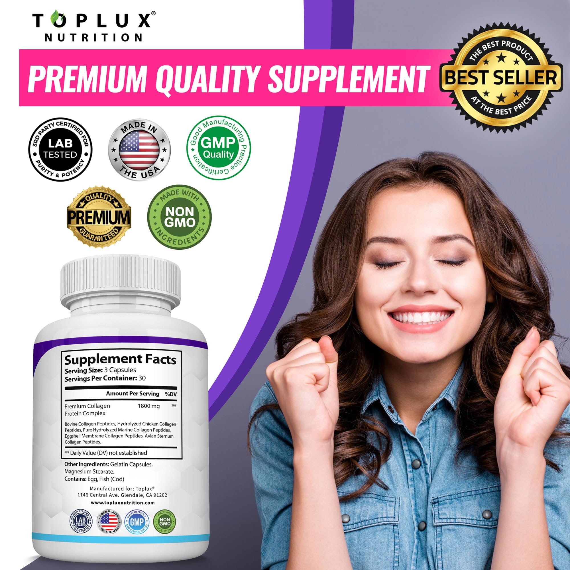 Eco-friendly packaging for Toplux collagen pills.