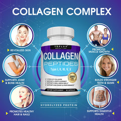 Toplux collagen capsules highlighting skin and hair benefits.