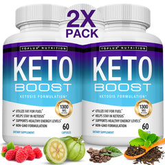 Toplux Keto Boost bottle on table showing packaging for daily ketosis support