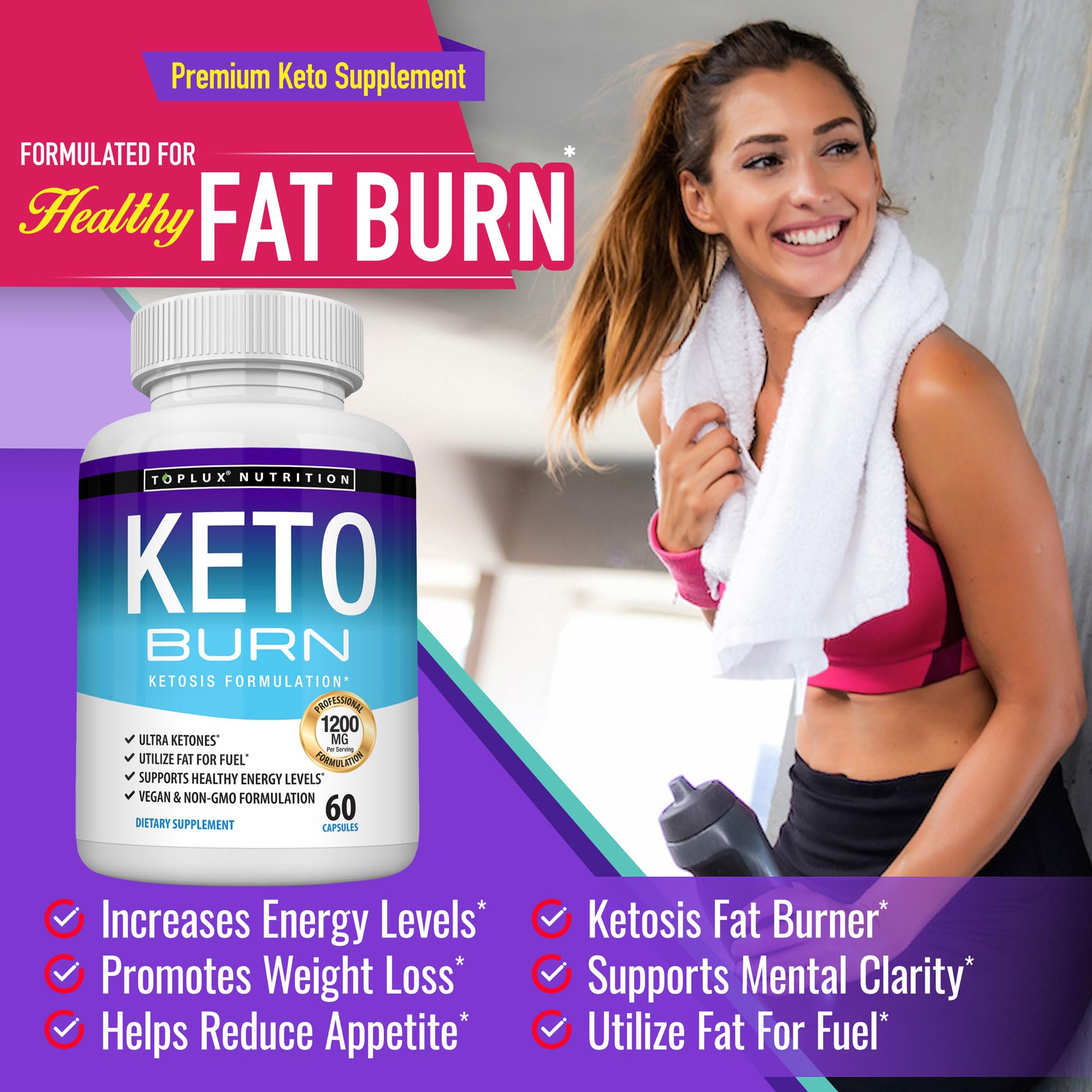 Toplux Keto Burn Pills bottle label detail highlights 60 capsules for keto practice.
