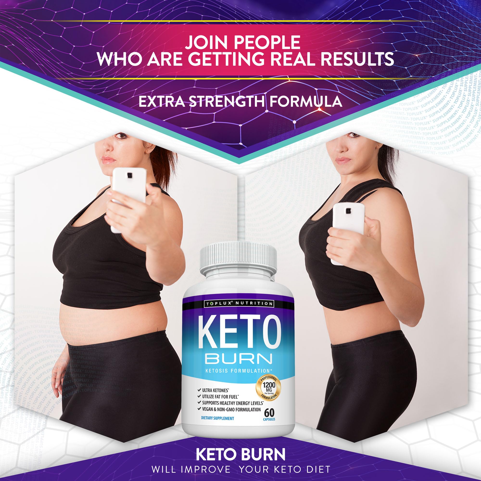 Close-up of Toplux Keto Burn Pills capsules, easy-to-swallow daily supplement.