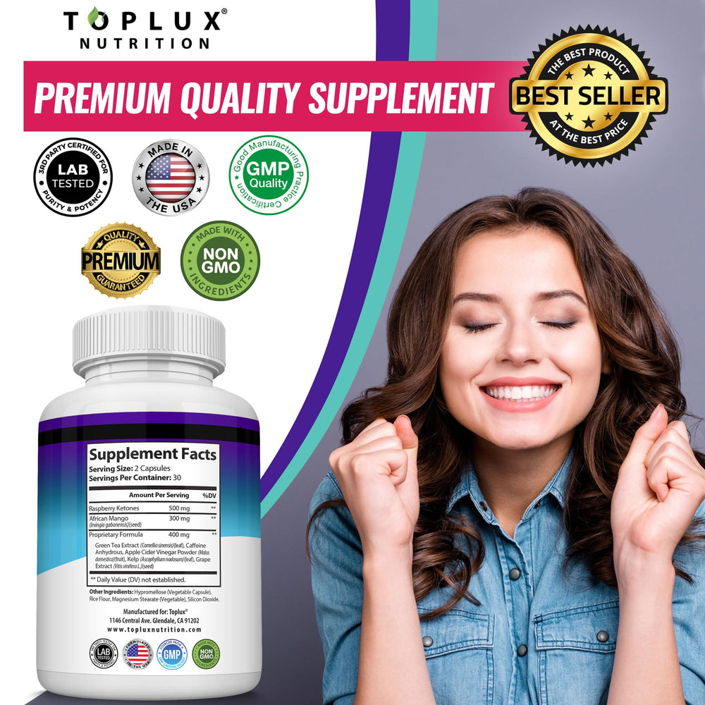 Toplux Keto Burn Pills raspberry ketones ingredient label highlighting natural formula.