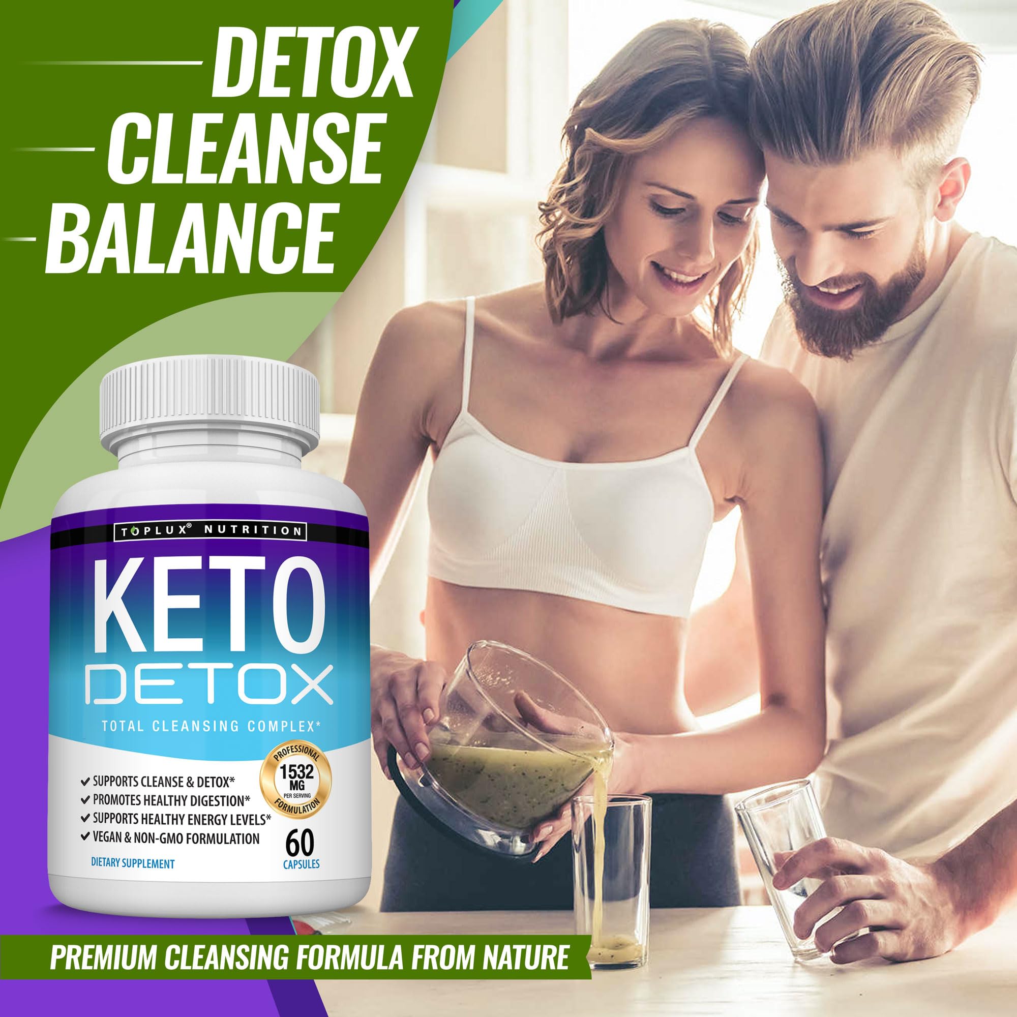 Toplux Keto Detox pills 60 capsules packaging signals month-long routine.