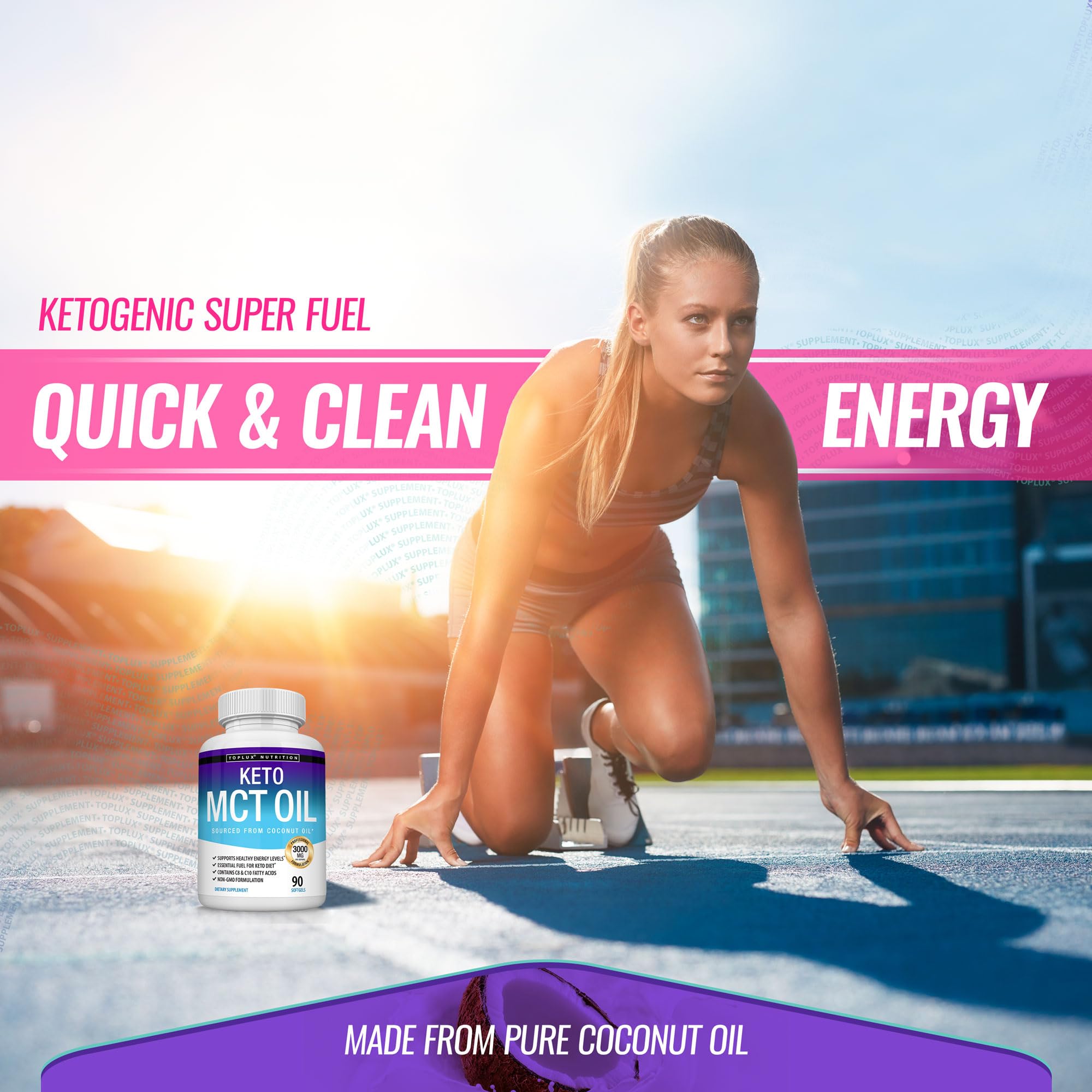 Toplux Keto MCT bottle on a kitchen counter suggesting a keto friendly routine.