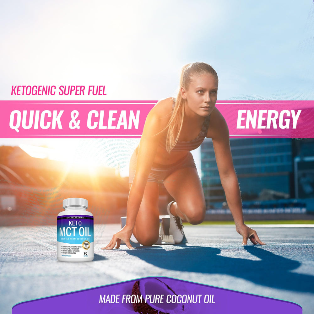 Toplux Keto MCT bottle on a kitchen counter suggesting a keto friendly routine.
