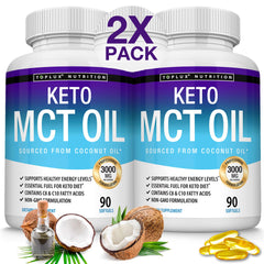 Toplux Keto MCT softgels bottle illustrates convenient energy support for busy days.