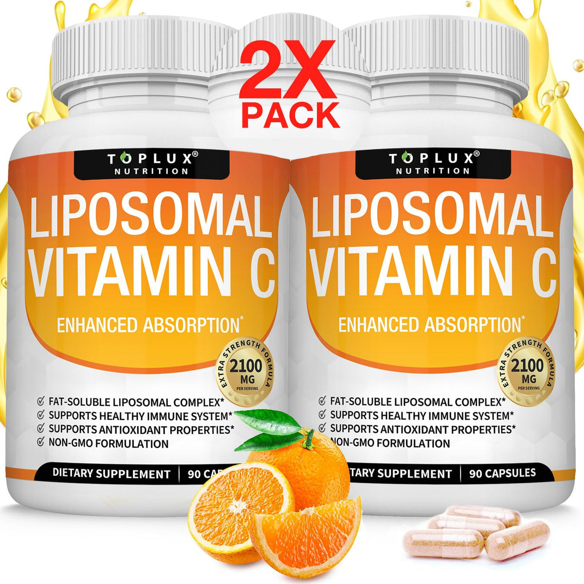 Toplux Liposomal Vitamin C 2100mg bottle showing high-absorption delivery for immune health.