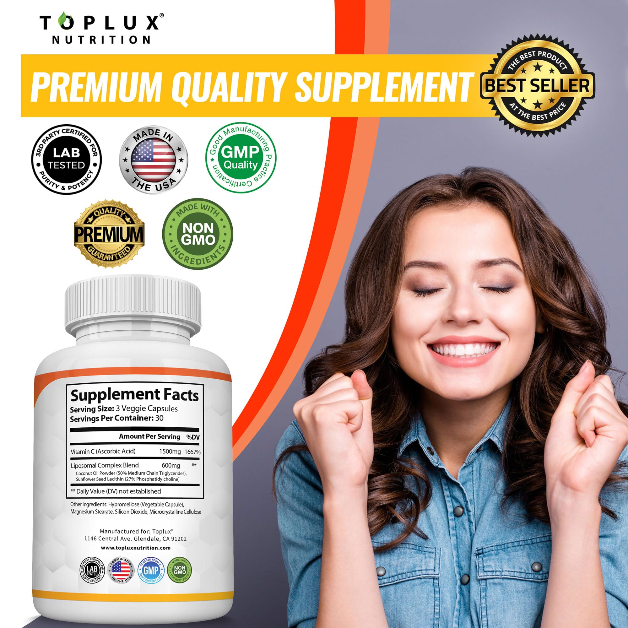 Packaging by Toplux Liposomal Vitamin C 2100mg emphasizes vegan, non-GMO quality.