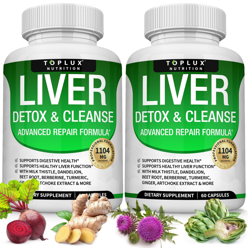 Toplux Liver Detox bottle front displays the vegan formula for daily liver support.
