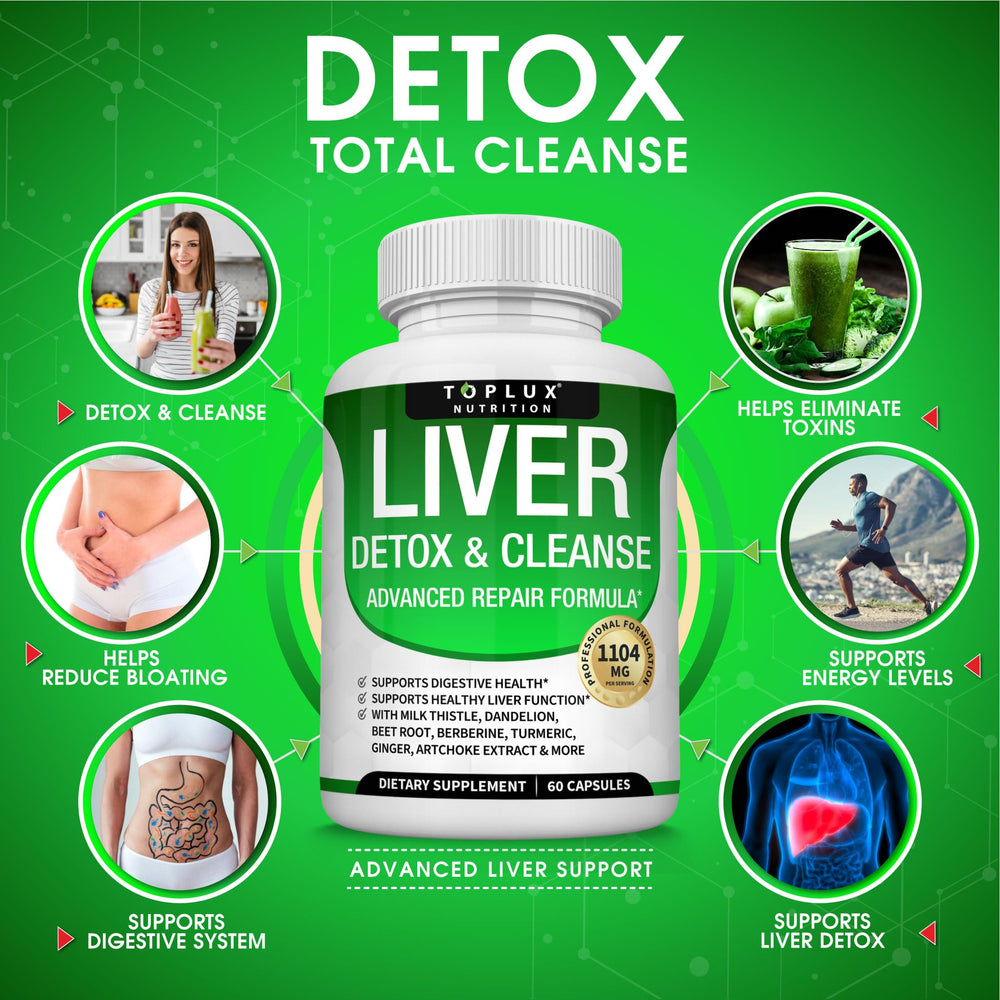 Toplux Liver Detox capsules close-up showcases convenient veggie capsules.