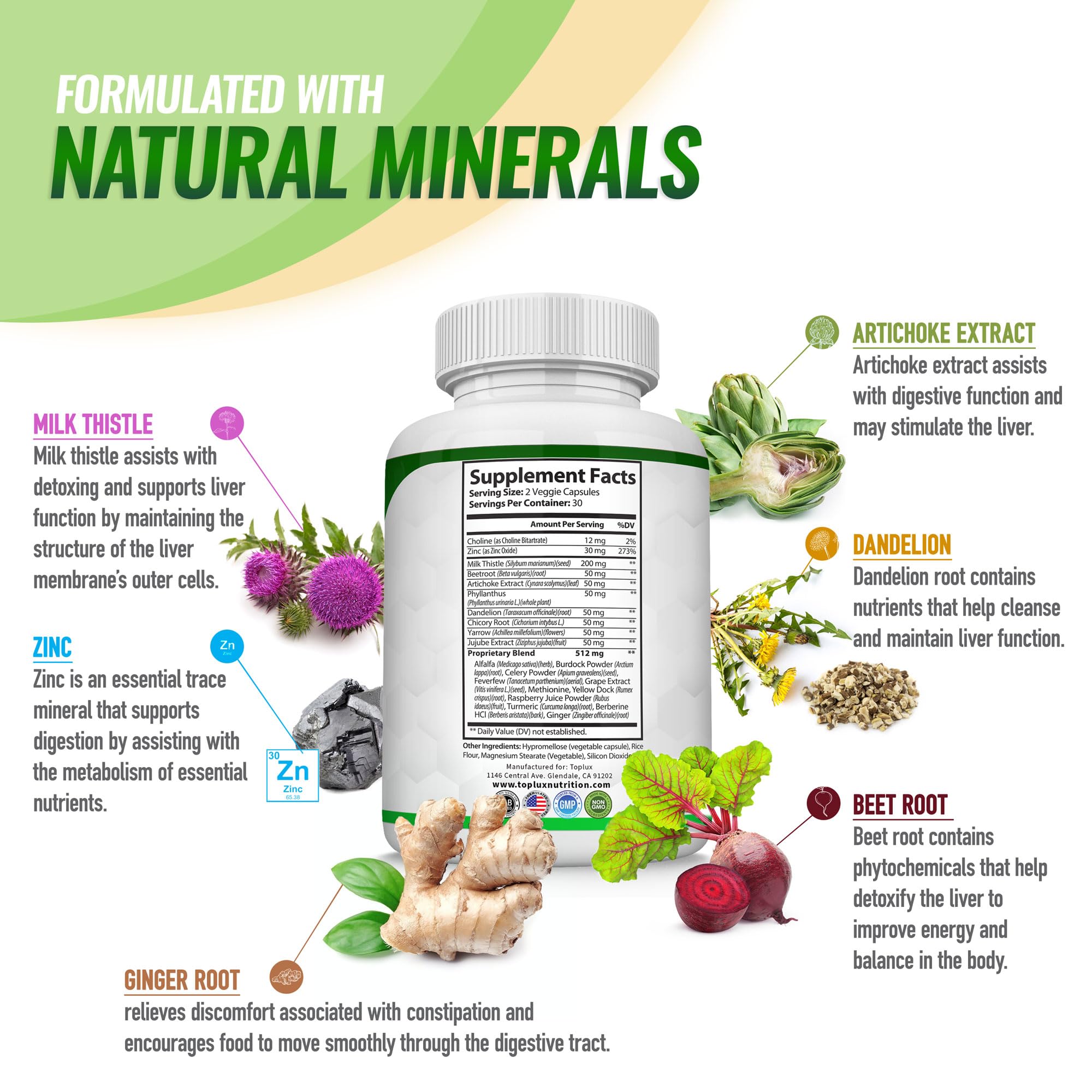Toplux Liver Detox ingredients artichoke extract image highlights digestion-friendly herbal blend.
