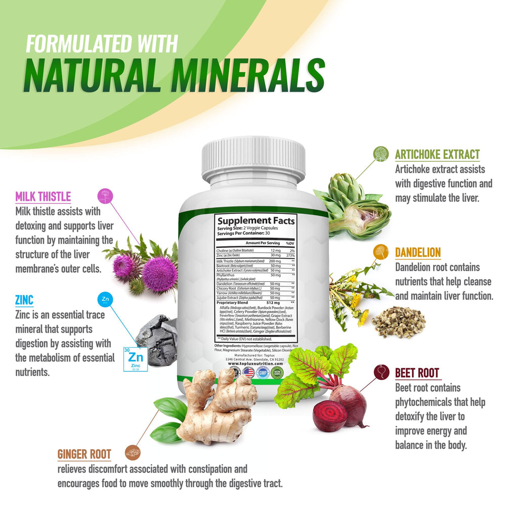 Toplux Liver Detox ingredients artichoke extract image highlights digestion-friendly herbal blend.