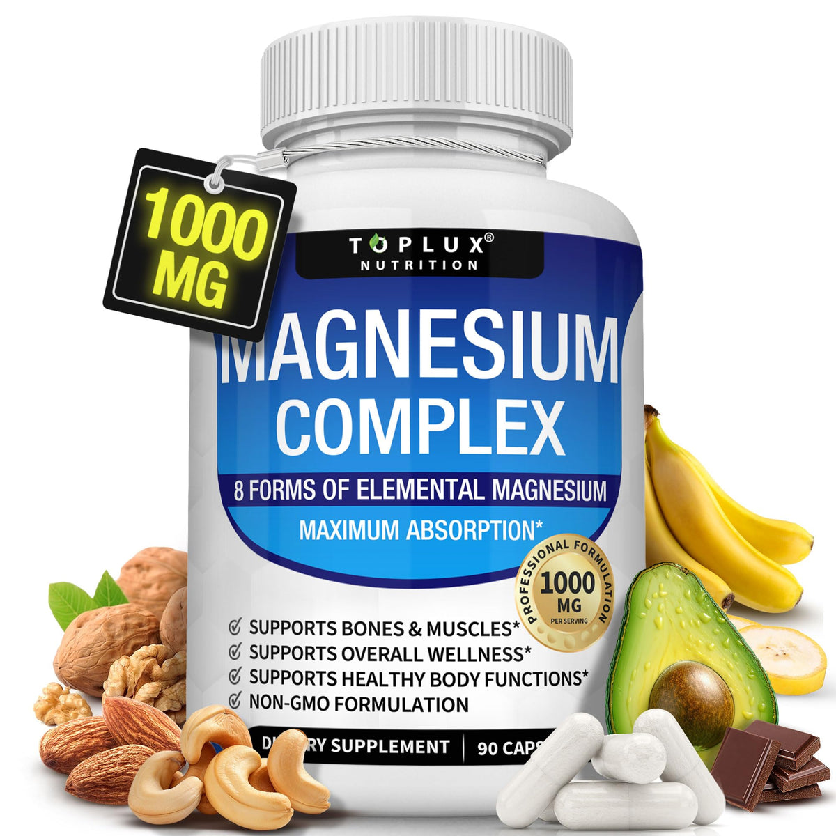 Toplux Magnesium Complex bottle front showing 90 vegan capsules for daily bone and muscle support.