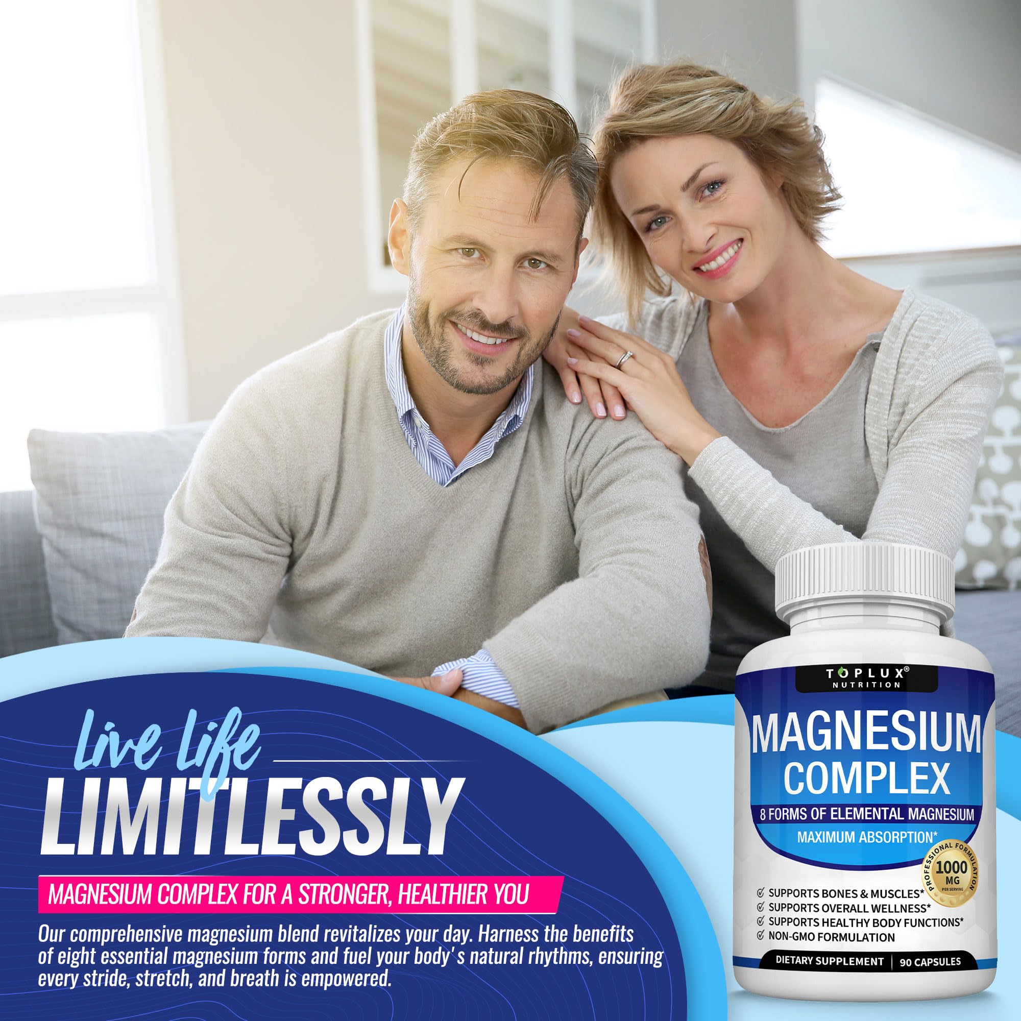 Toplux Magnesium Complex capsules closeup highlighting eight forms for absorption.
