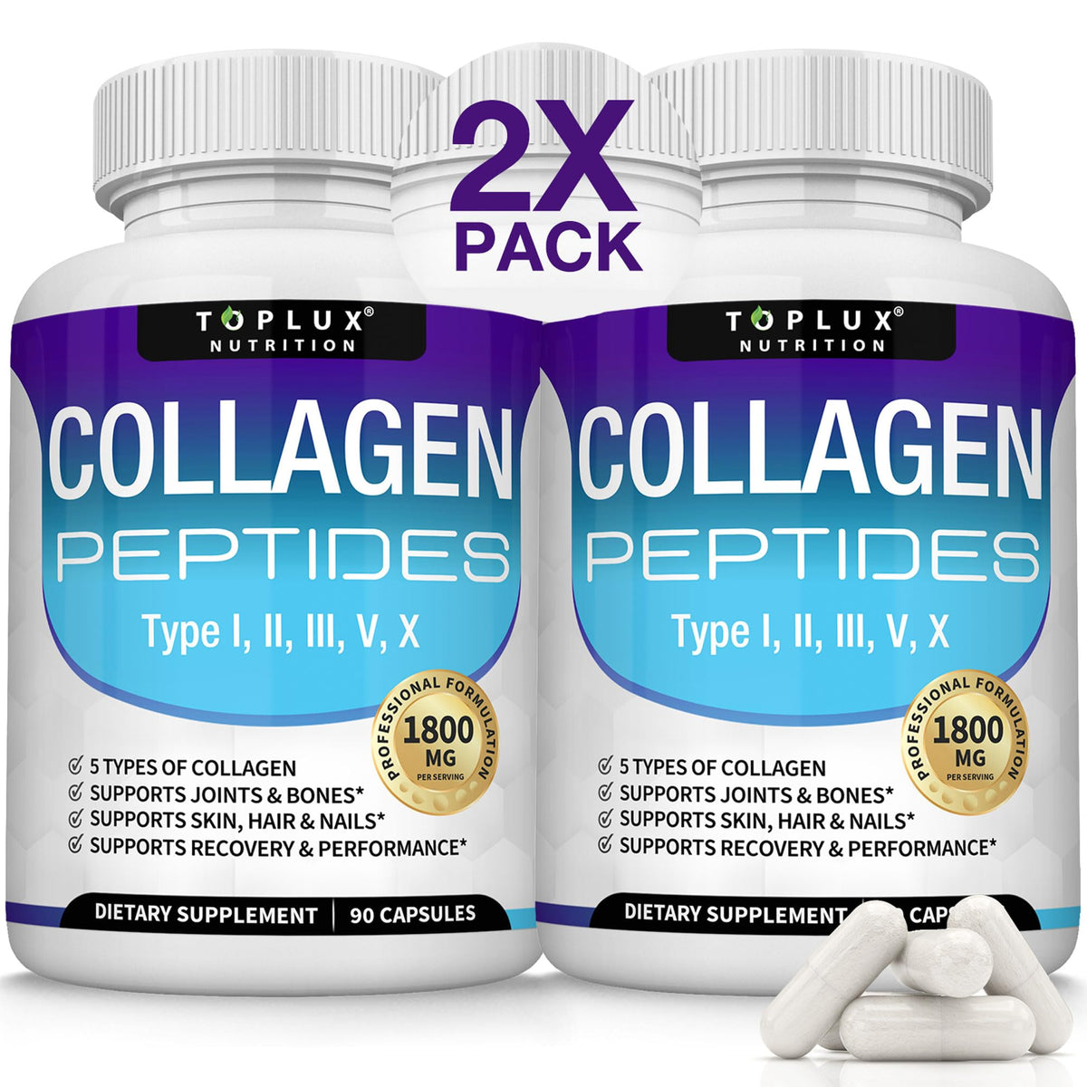 Toplux 1800 mg collagen bottle close-up for skin and joints.