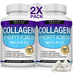 Toplux 1800 mg collagen bottle close-up for skin and joints.