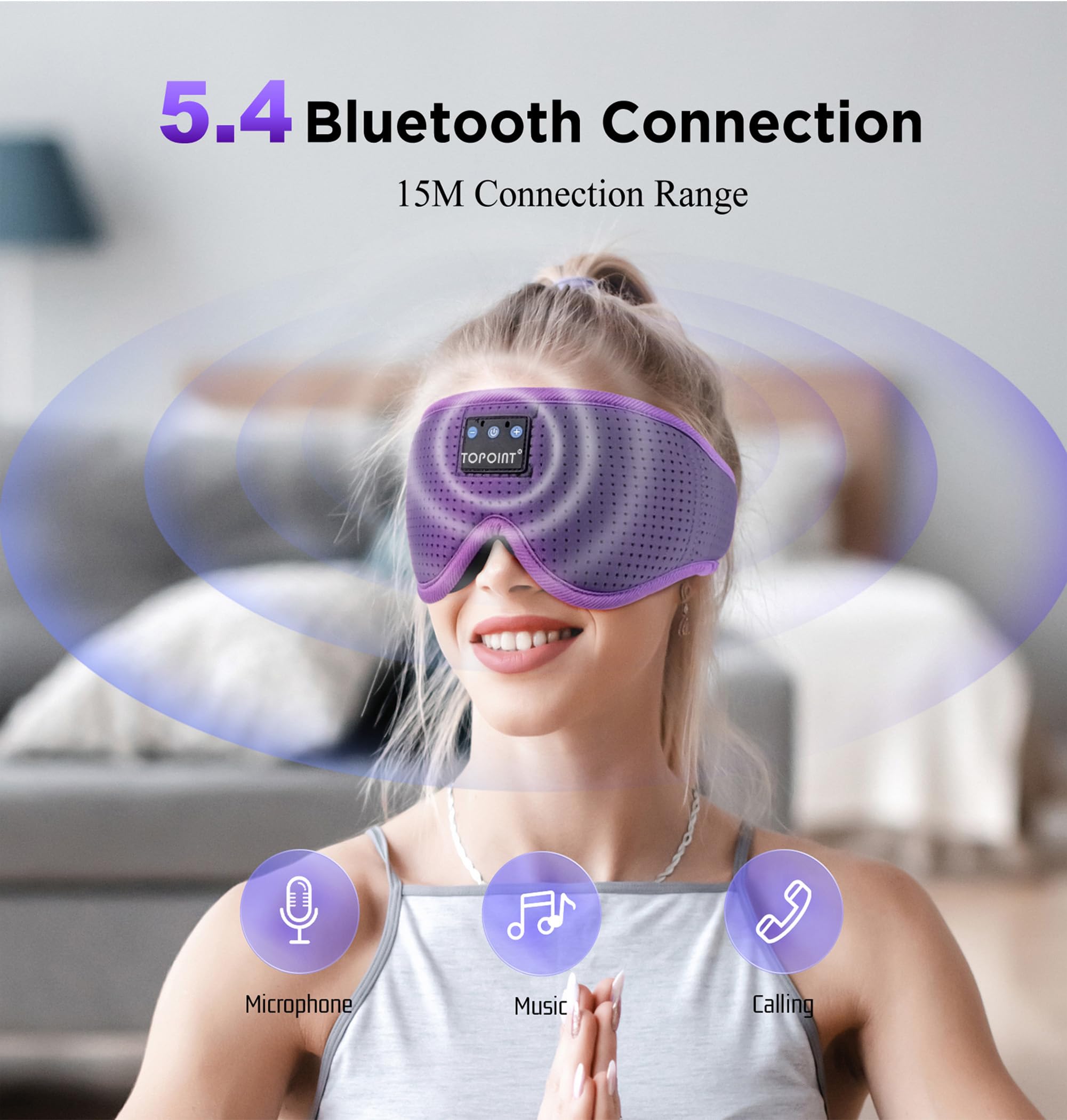 TOPOINT Bluetooth sleep mask shows built-in speakers and microphone