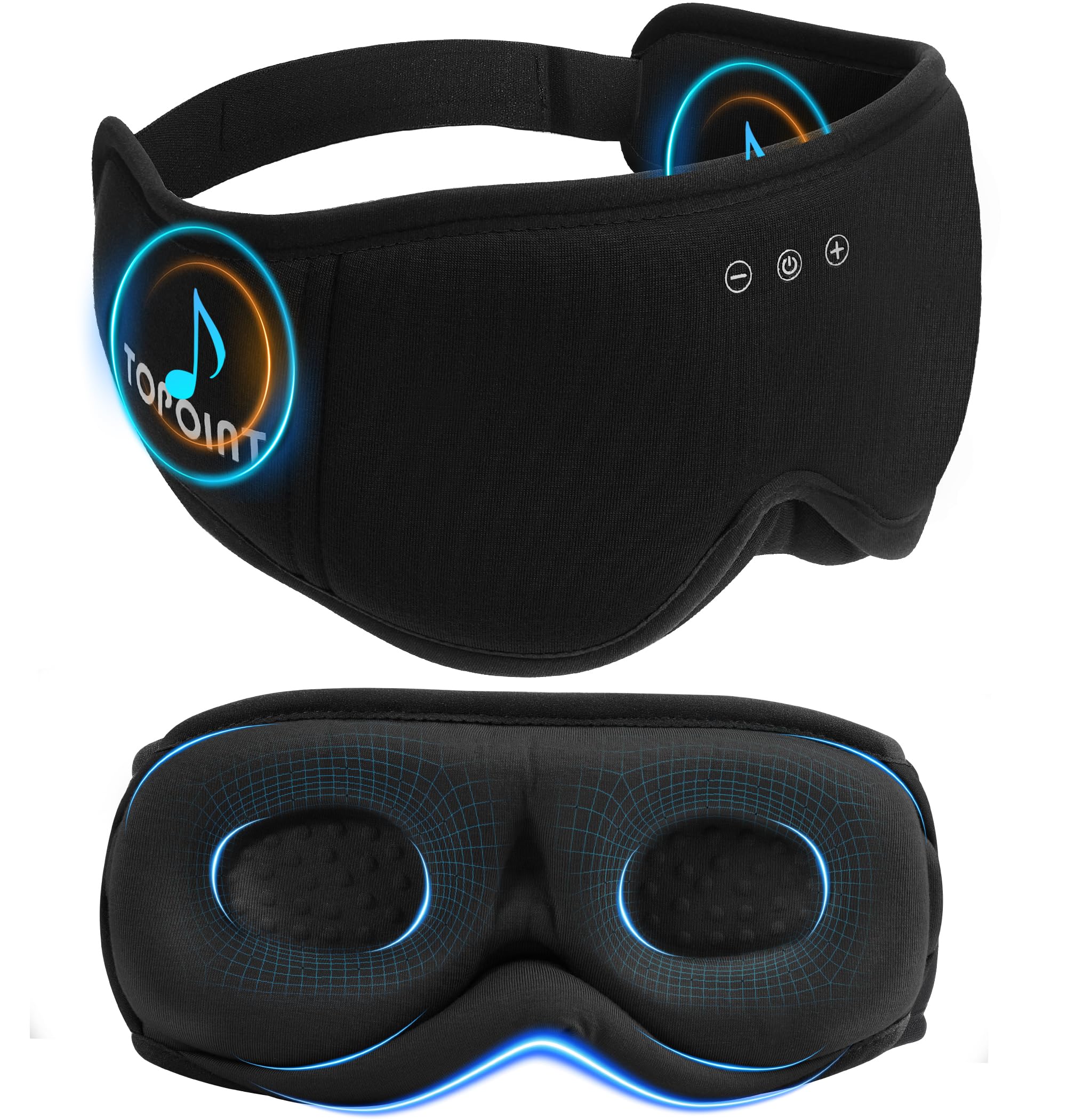 TOPOINT sleep mask with Bluetooth headphones shown in full view for travel comfort