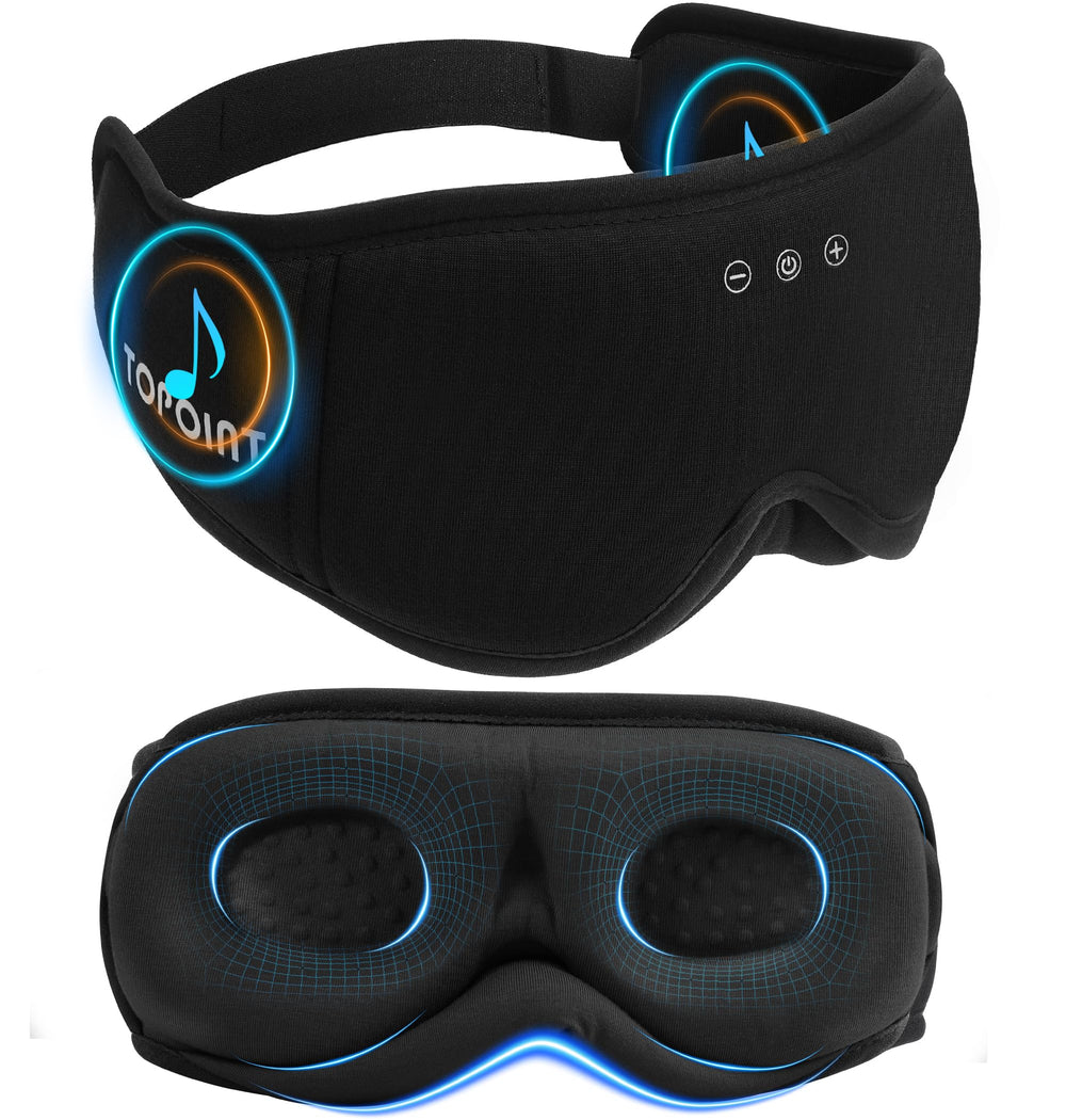TOPOINT sleep mask with Bluetooth headphones shown in full view for travel comfort