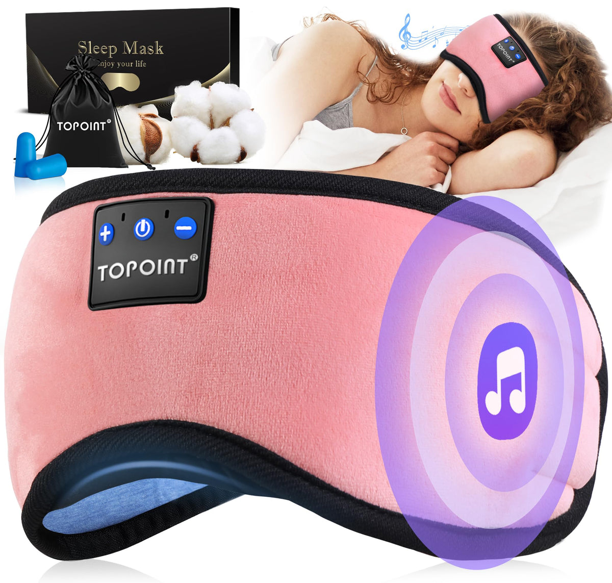 TOPOINT Sleep Mask Headphones with Bluetooth 5.2 on, comfortable for overnight flights