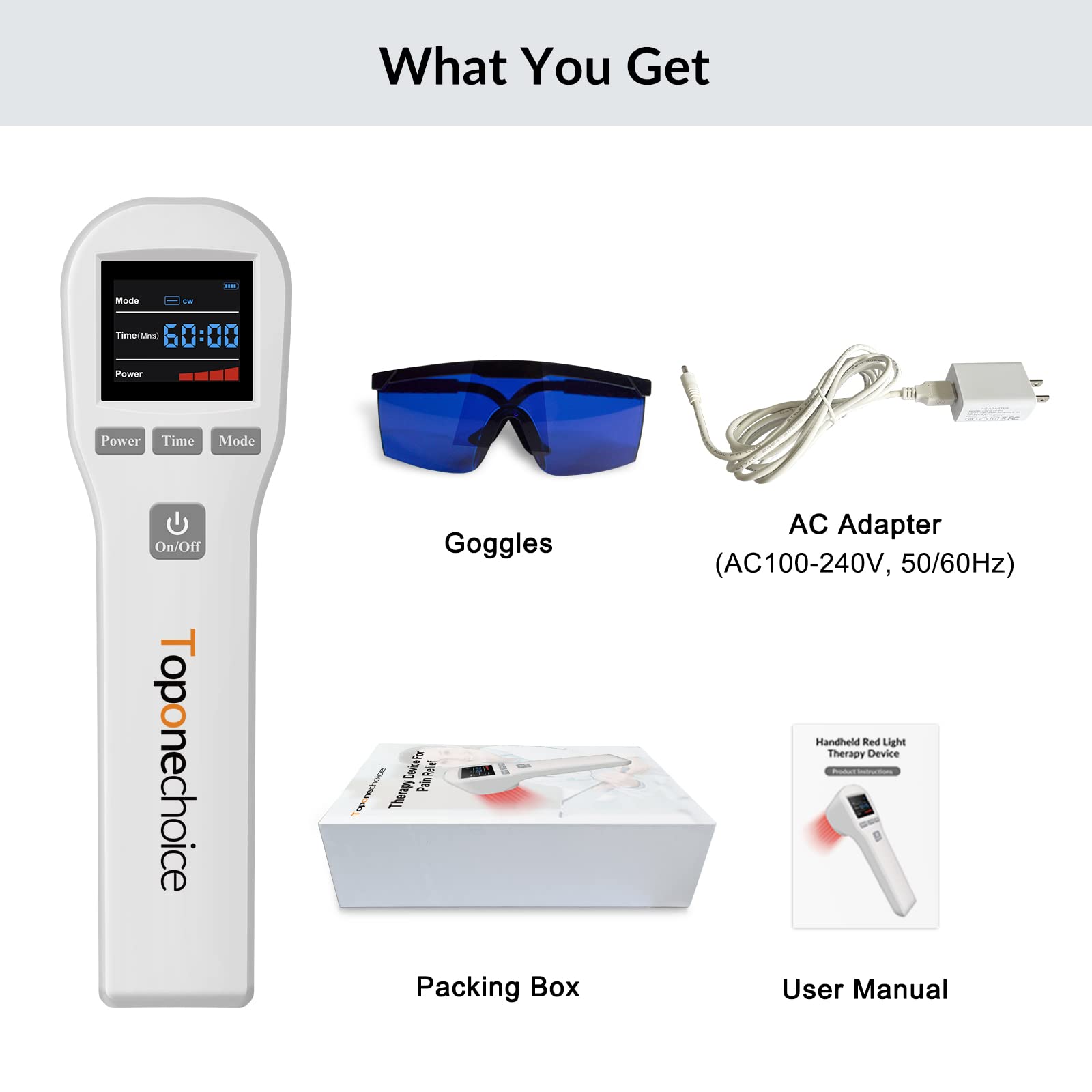 Toponechoice red light therapy device package with goggles and charger