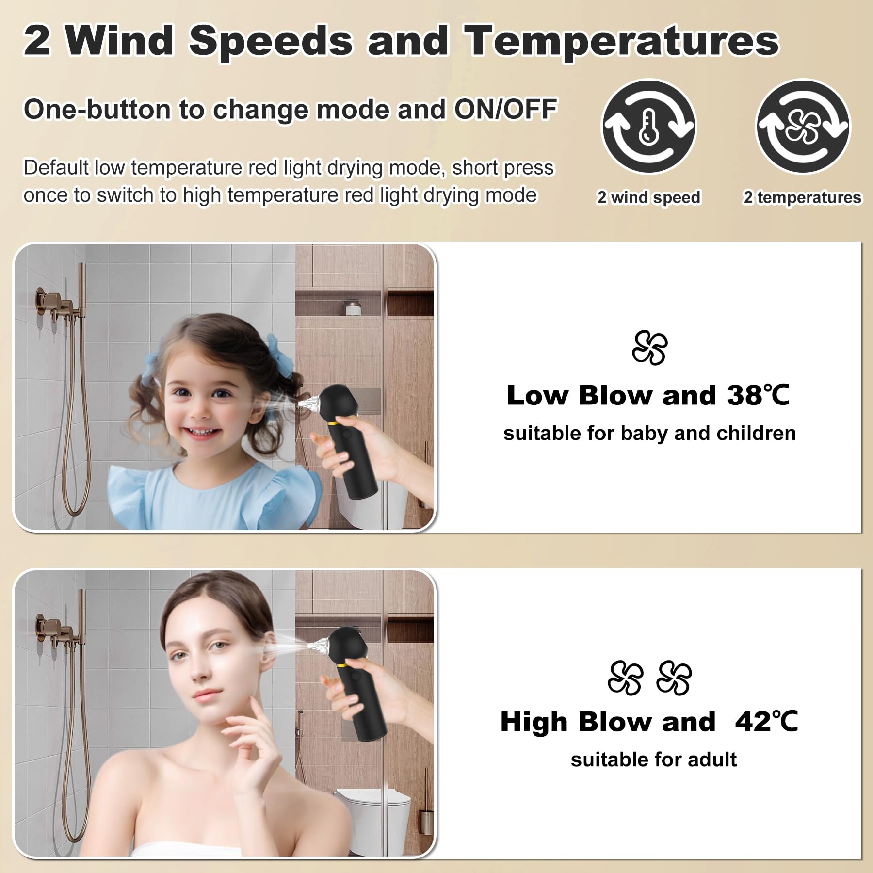TopQuaFocus ear dryer whisper-quiet operation under 45dB protects sensitive ears.