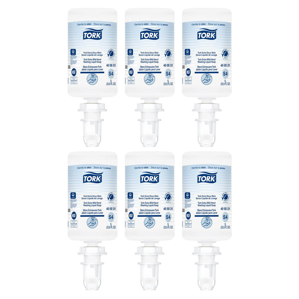 Tork Extra Mild Liquid Soap bottle close-up showing fragrance-free formula for sensitive skin