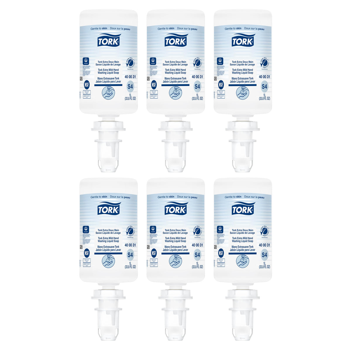Tork Extra Mild Liquid Soap bottle close-up showing fragrance-free formula for sensitive skin