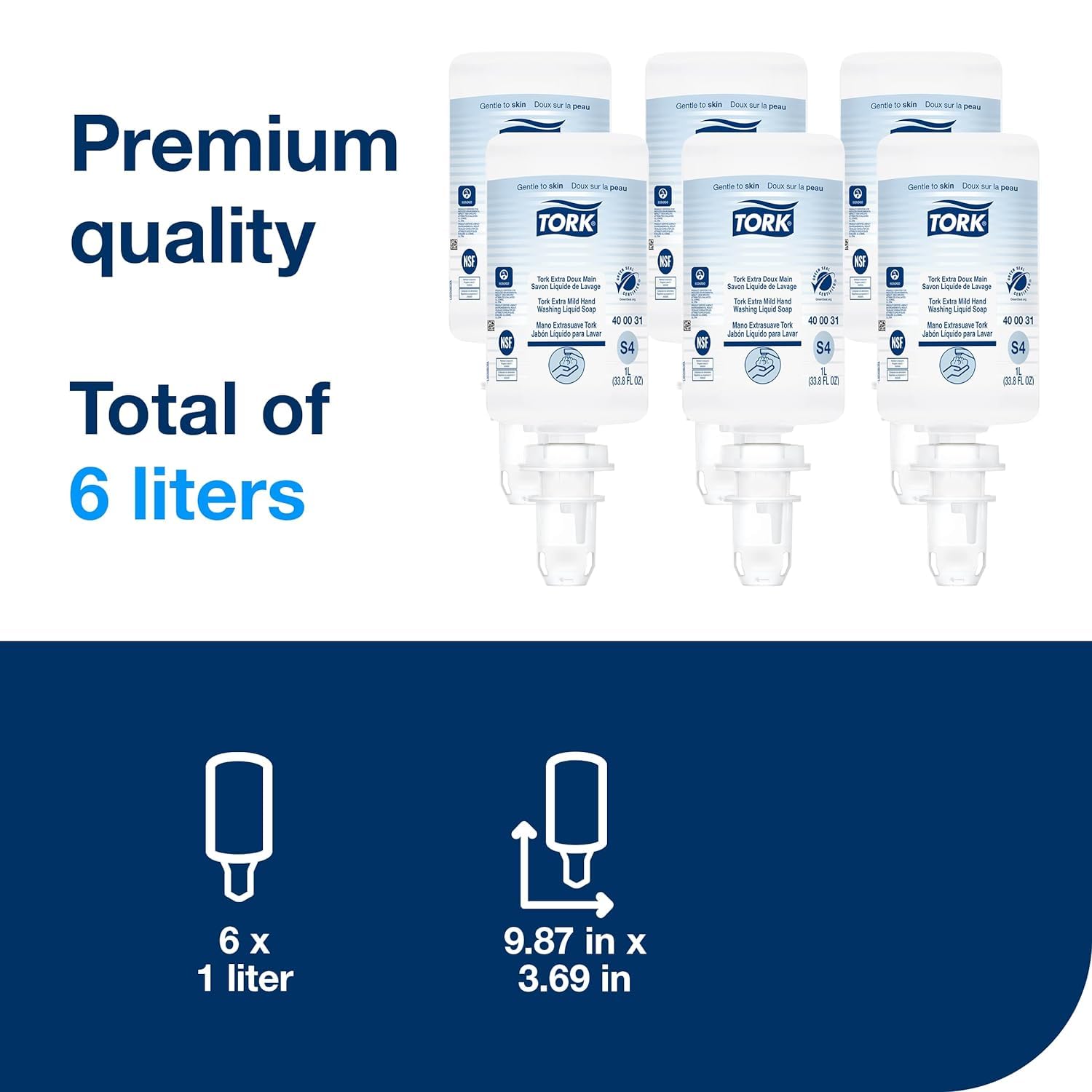 Tork Extra Mild Liquid Soap sealed refill bottle emphasizes hygienic, touch-free refilling