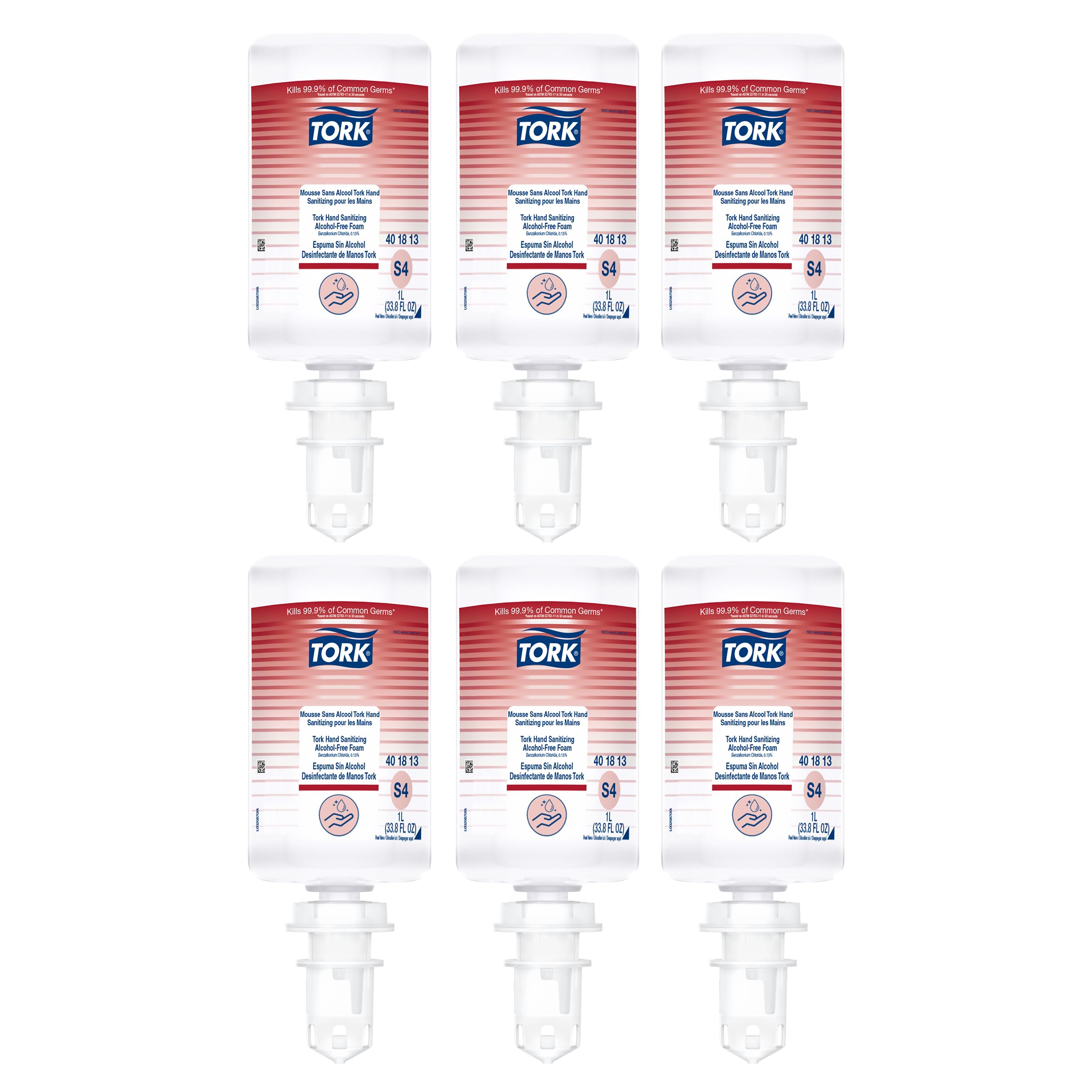 Tork alcohol-free foam sanitizer bottle closeup with fragrance-free formula for sensitive skin.