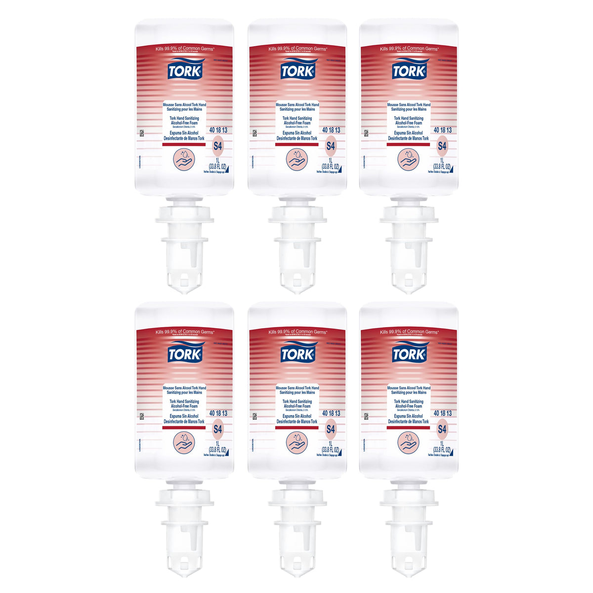 Tork alcohol-free foam sanitizer bottle closeup with fragrance-free formula for sensitive skin.