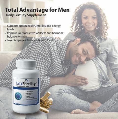 Total Fertility Advantage for Men capsules close-up highlights supplement form.