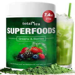 Total Tea Green Powder tub with scoop for energy and digestive support.