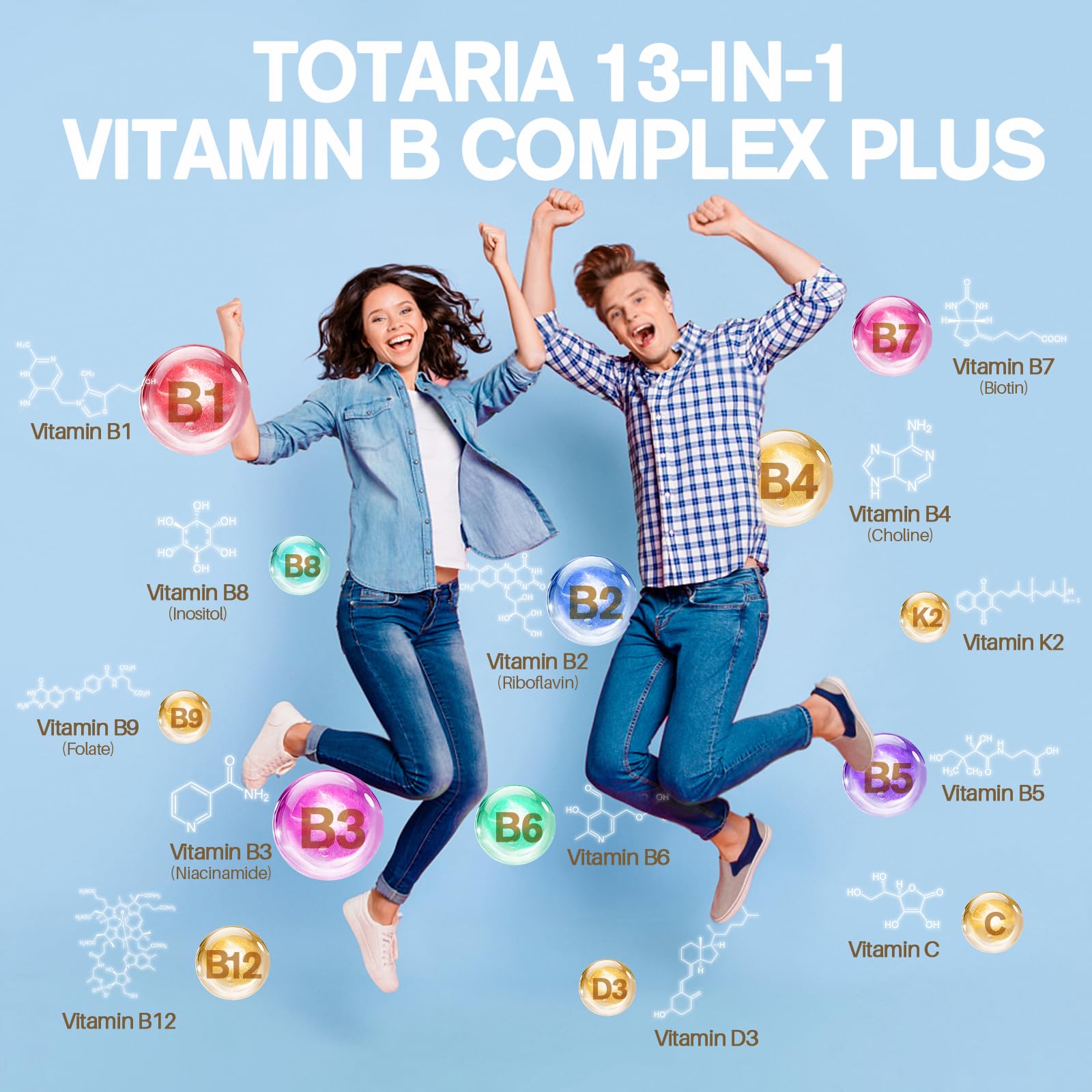 Totaria 13-in-1 B-Complex bottle label with ingredients for informed use.