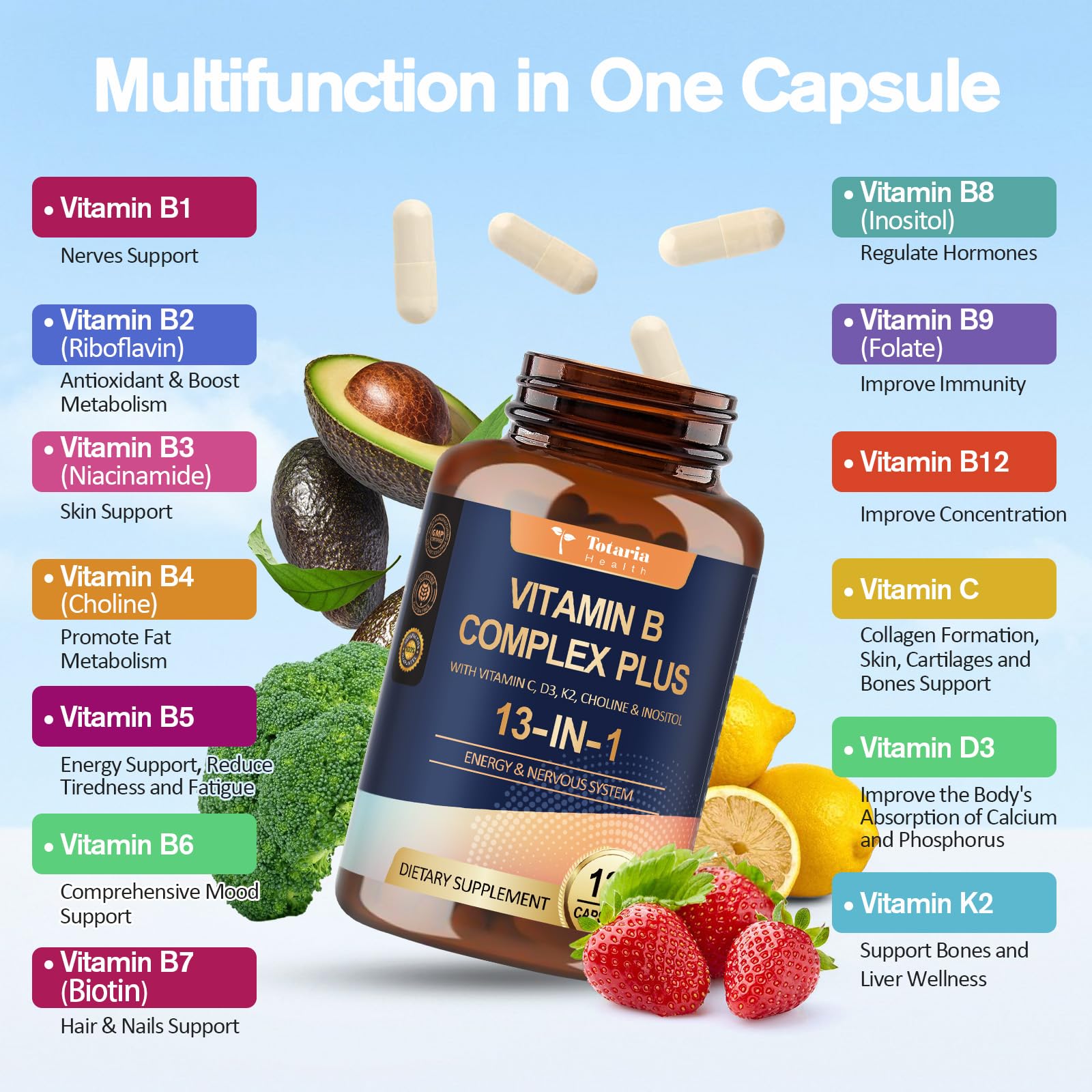 Totaria 13-in-1 B-Complex capsules close-up highlighting vegan formulation.