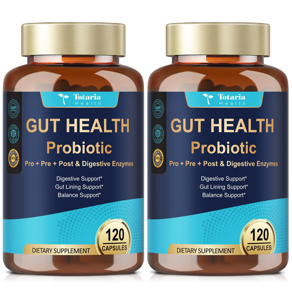 Totaria 14-in-1 bottle front showing the gut health formula for daily balance.