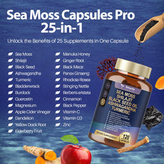 Totaria 25-in-1 sea moss capsules bottle back, ingredient details for informed use.