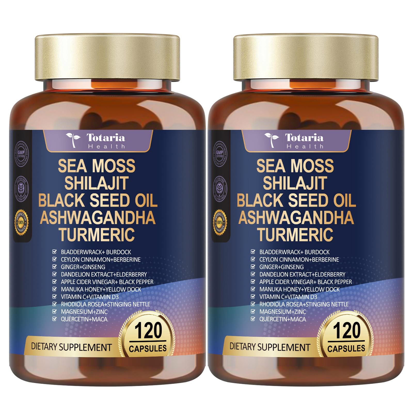 Totaria 25-in-1 sea moss capsules bottle front, potential daily wellness support.