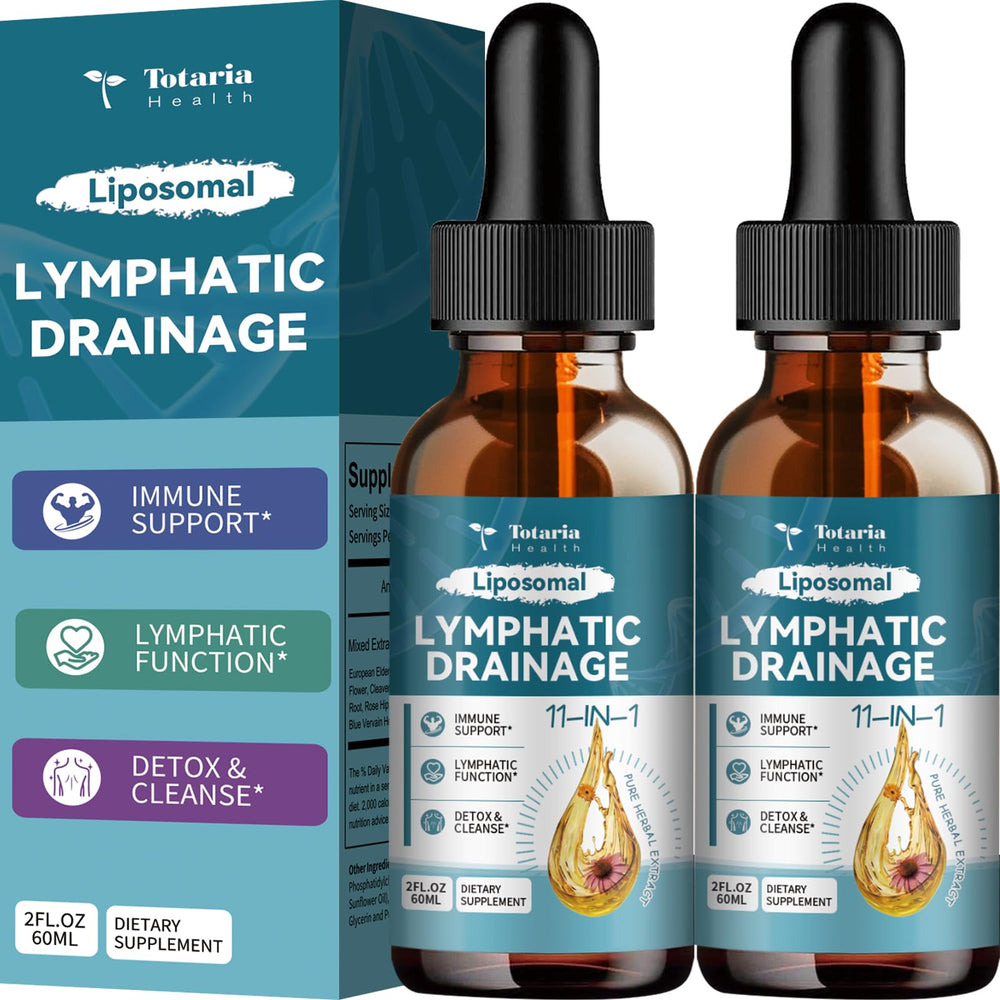 Totaria liposomal lymph drops bottle front highlights 11-herb blend for potential lymphatic support