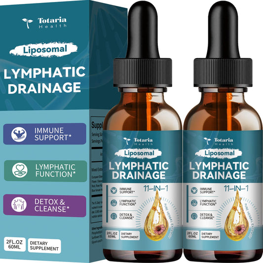 Totaria liposomal lymph drops bottle front highlights 11-herb blend for potential lymphatic support
