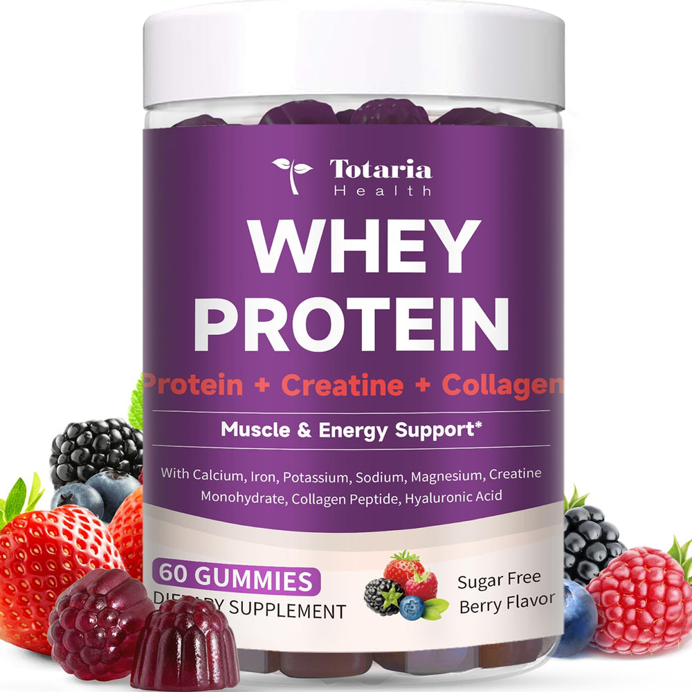 Totaria 3in1 whey protein gummies bottle shows berry flavor and convenience.