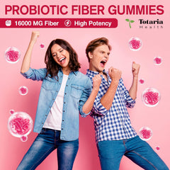 Totaria gummies bottle back nutrition panel highlights fiber and probiotic blend.