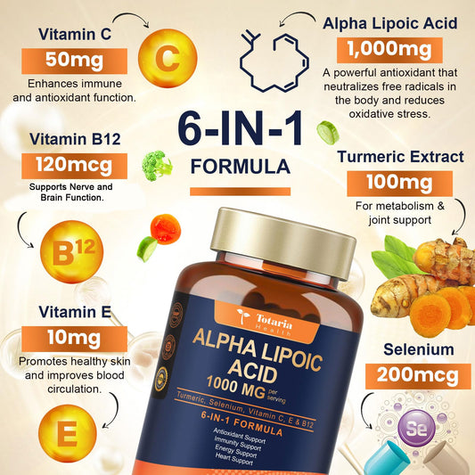 Totaria Alpha Lipoic Acid capsules close-up for daily antioxidant support.