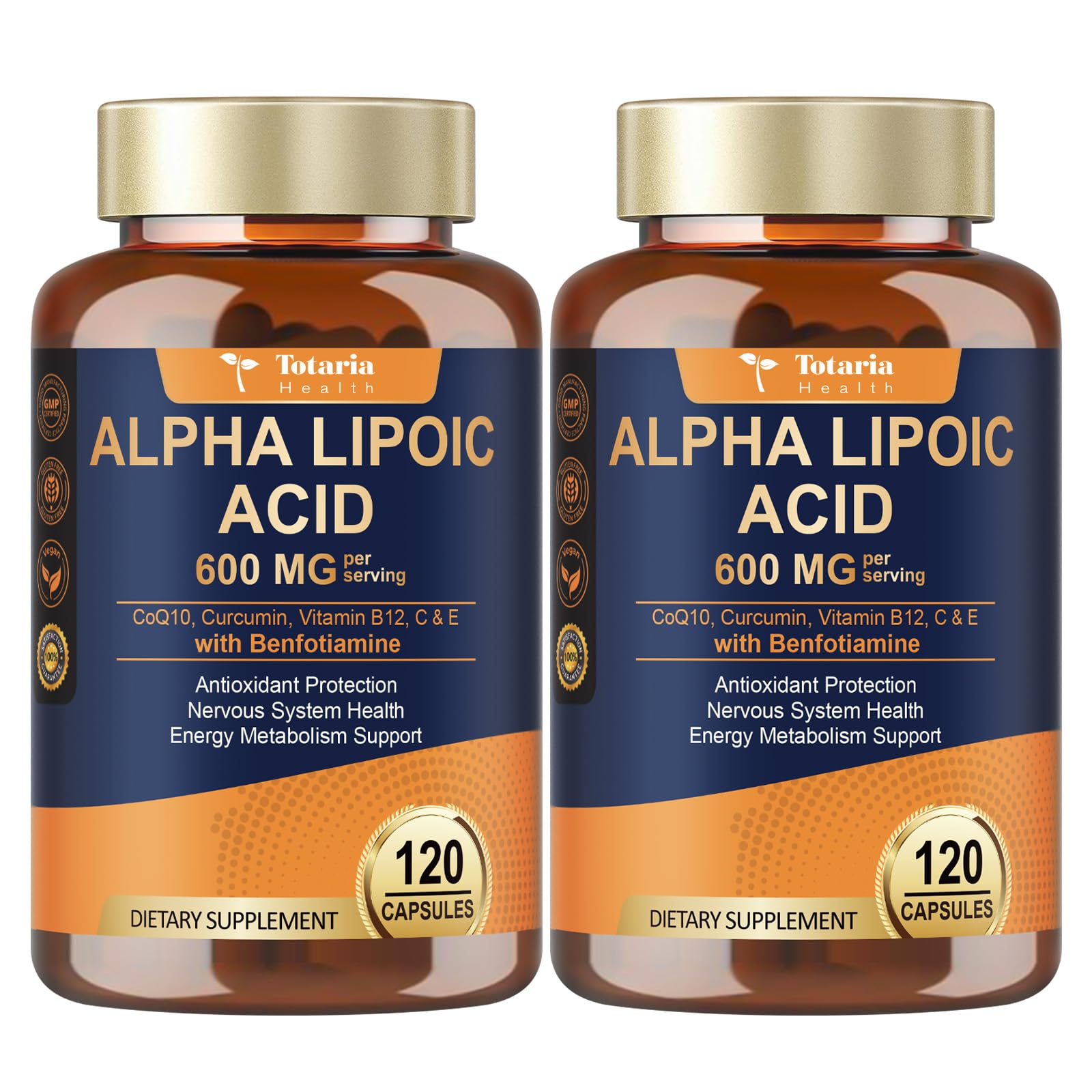 Totaria ALA 600 mg with Benfotiamine 300 mg bottle showing antioxidant formulation for daily support