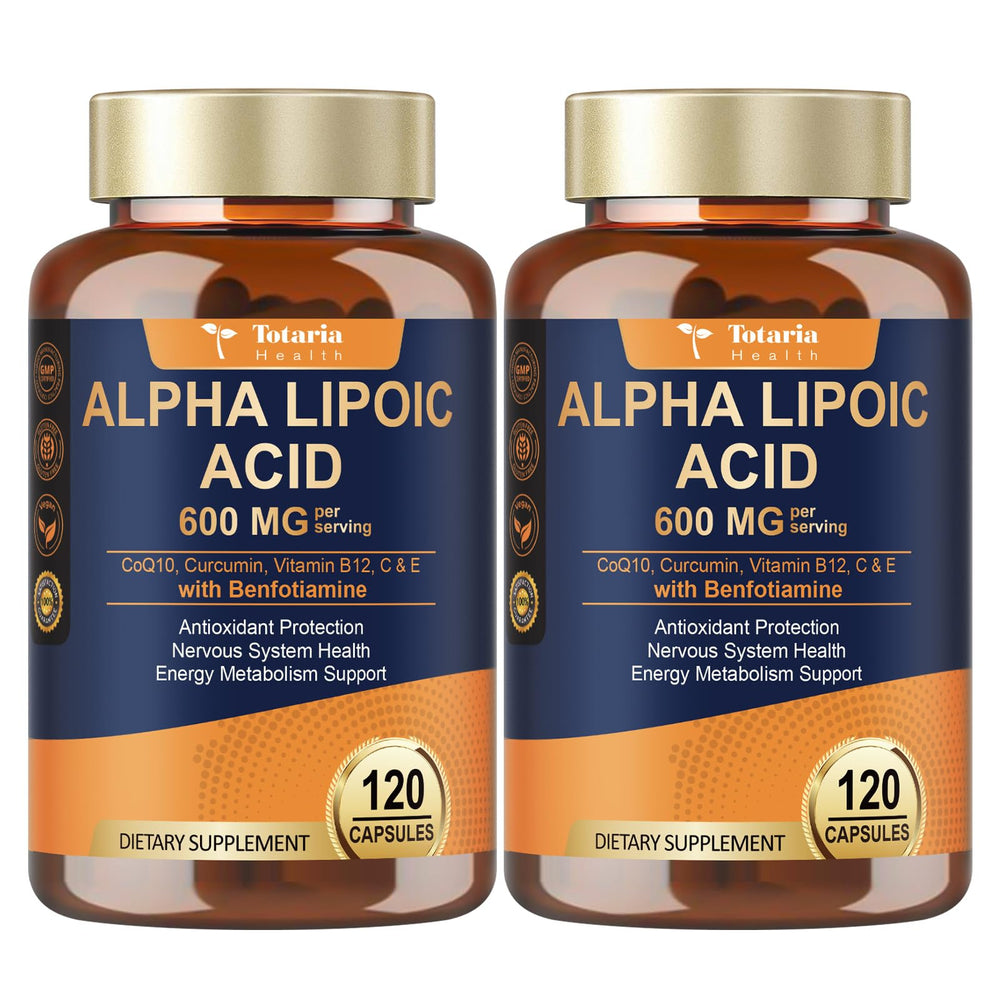 Totaria ALA 600 mg with Benfotiamine 300 mg bottle showing antioxidant formulation for daily support
