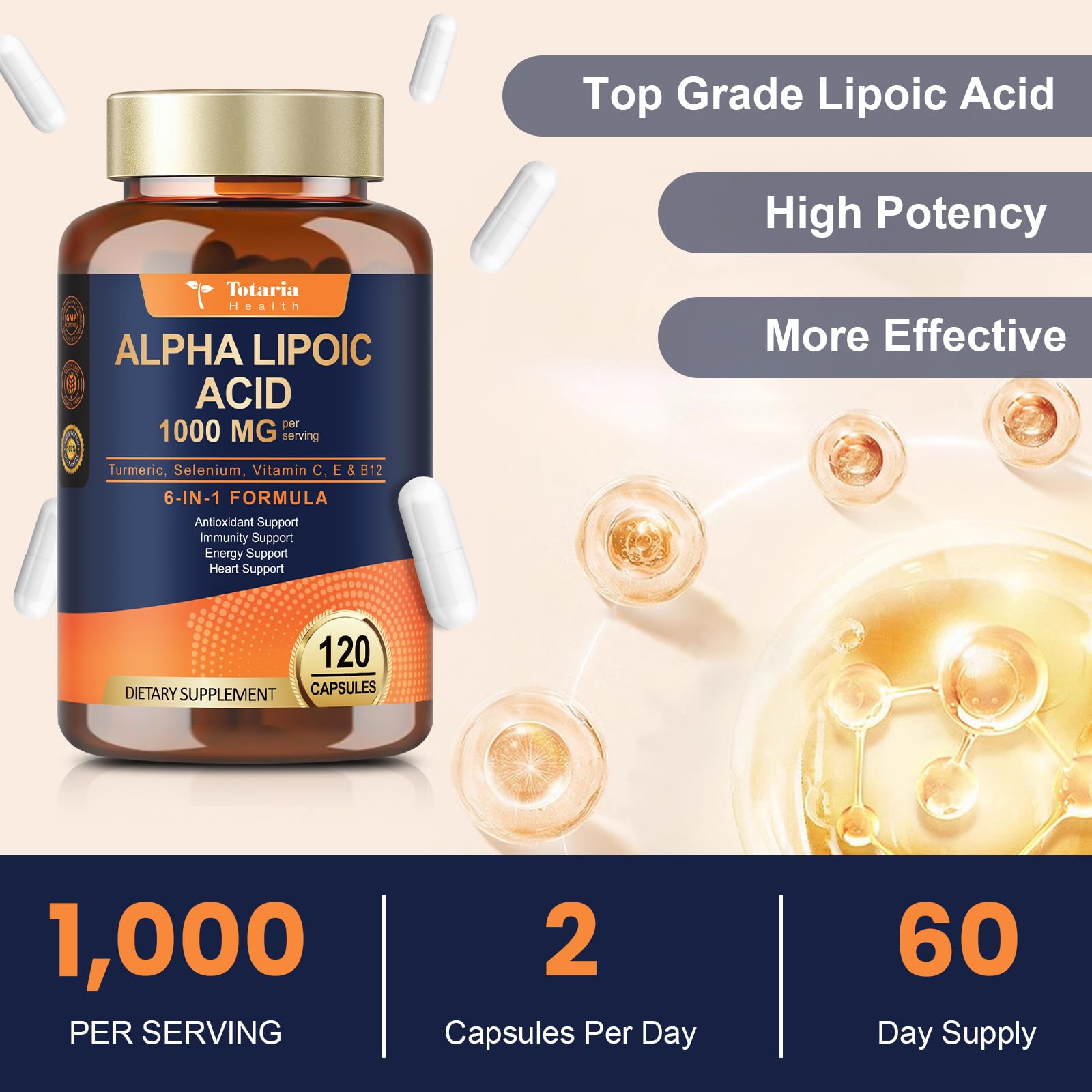 Totaria Alpha Lipoic Acid bottle beside a glass of water.
