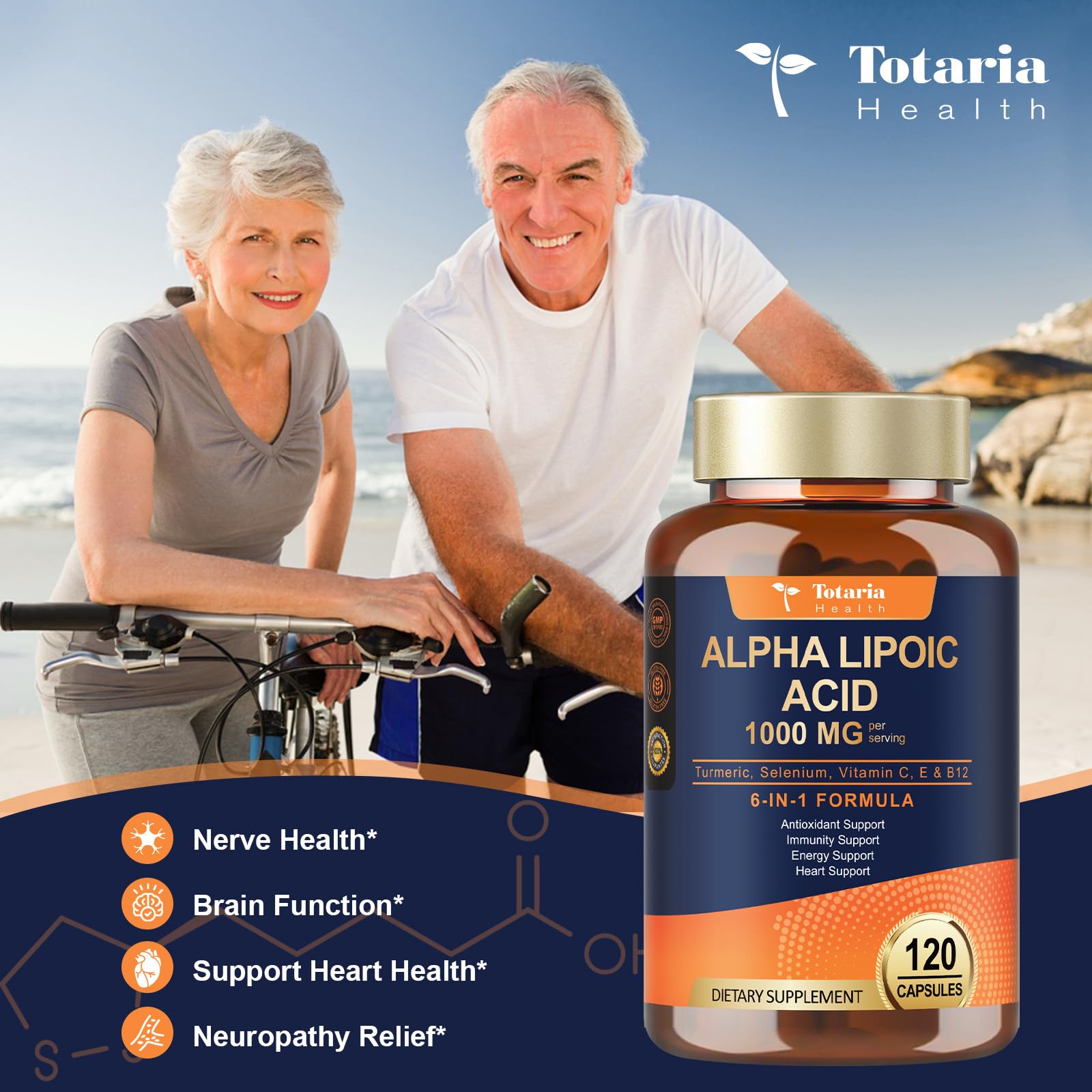 Totaria Alpha Lipoic Acid bottle with clear label design.