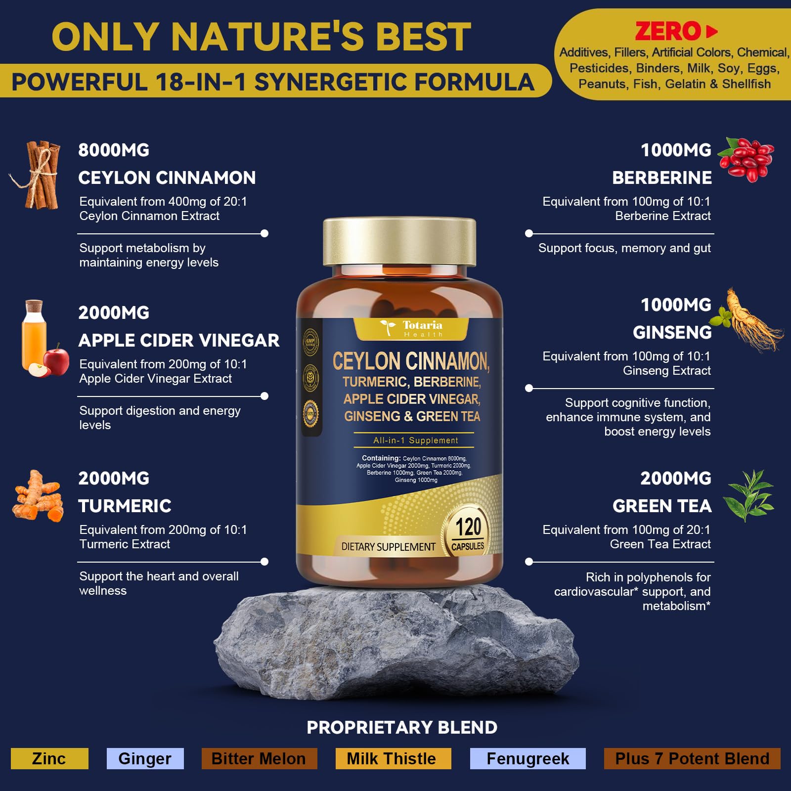 Totaria berberine apple cider vinegar capsules with natural ingredients promoting digestion and balance.