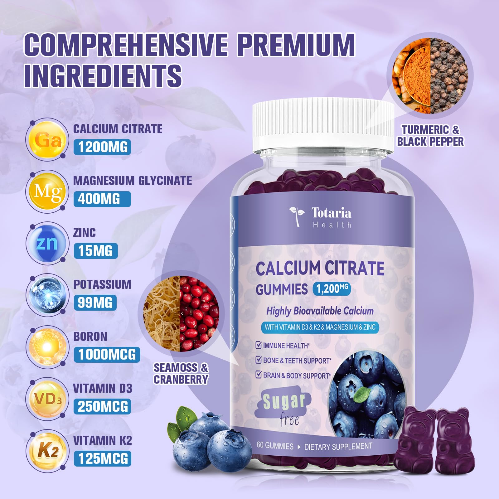 Totaria blueberry gummies close up, a tasty calcium supplement
